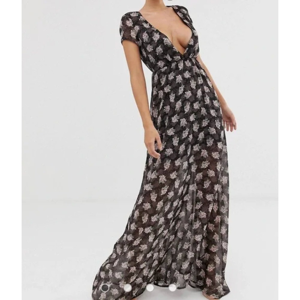 CLUB LONDON Black Floral Deep V Neck Short‎ Sleeve Maxi Dress Women's Size 8 NWT